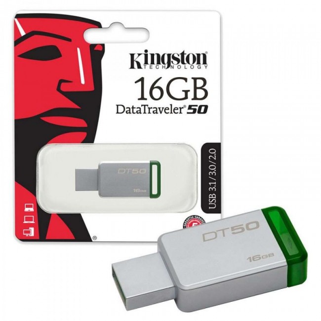 Флешка KINGSTON USB 3.1/3.0/2.0  16GB  DataTraveler  DT50 металл с зеленым BL1