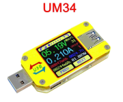 Тестер USB UM34 (измеряет напряжение,ток,сопротивление,ёмкость,счётчик ватт,температуру,0.001A дискретность,4-24V, до 4A,цветной дисплей)