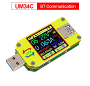 Тестер USB UM34C Bluetooth (измеряет напряжение,ток,сопротивление,ёмкость,счётчик ватт,температуру,0.001A дискретность,4-24V, до 4A,цветной дисплей)
