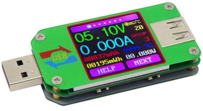 Тестер USB UM24C Bluetooth (измеряет напряжение,ток,сопротивление,ёмкость,счётчик ватт,температуру,0.001A дискретность,4.5-24V, до 3A,цветной дисплей)