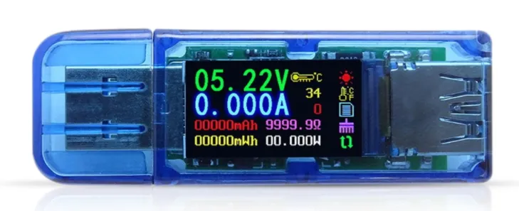 Тестер USB AT35 (измеряет напряжение,ток,сопротивление,счётчик ватт,температуру,0.001A дискретность,3.7-30V, до 4A,цветной дисплей)