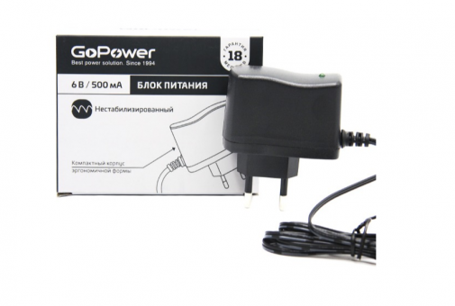 Блок питания GoPower 500mA 6V/500 5,5х2,5/12 нестабилизированный положительная полярность