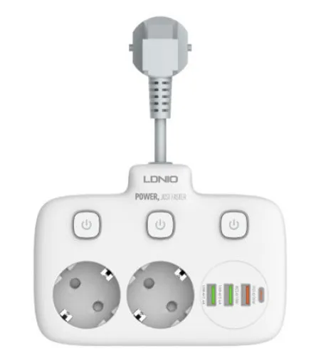 LDNIO SE2435/ Сетевой разветвитель/ 2  розетки/ 2500W/ 4 USB: QC 3.0+PD 3.0 20W/ White