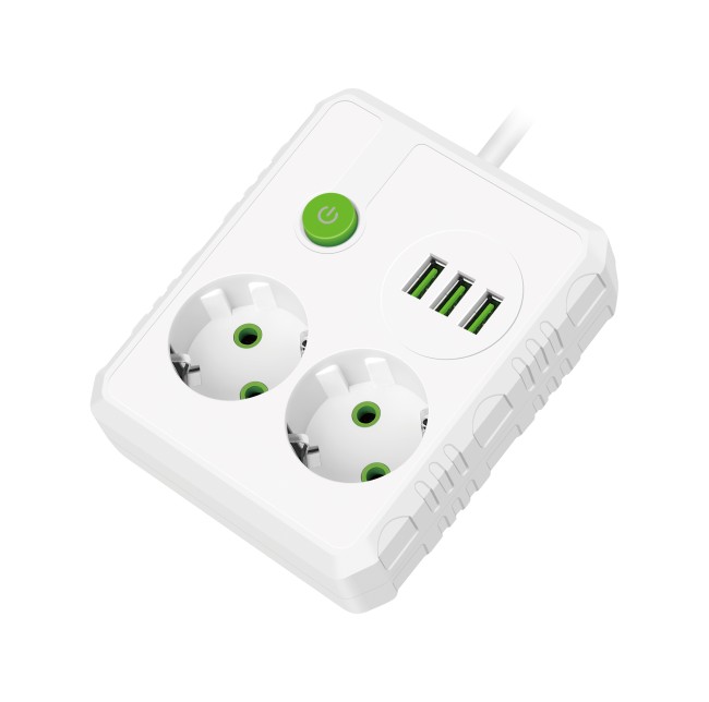 Cетевой удлинитель AMPER. 2.0м. 2 розетки. 10А. 2500 Вт. 3usb. белый.