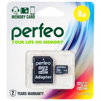 Карта памяти PERFEO microSD 8GB High-Capacity (Class 10) с адаптером BL1