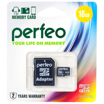 Карта памяти PERFEO microSD 16GB High-Capacity (Class 10) с адаптером BL1