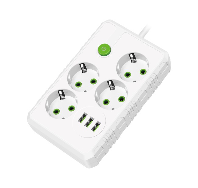Cетевой удлинитель AMPER. 2.0м. 4 розетки. 10А. 2500 Вт. 3usb. белый.