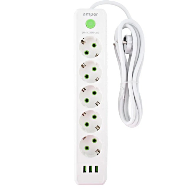 Cетевой удлинитель AMPER. 2.0м. 5 розеток. 10А. 2500 Вт. 3usb. белый.