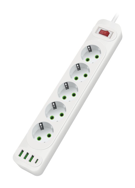 Cетевой удлинитель AMPER. 2.0м. 5 розеток. 10А. 2500 Вт. 3usb.1Type-C. белый.