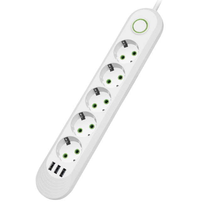 Cетевой удлинитель AMPER. 2.0м. 5 розеток. 3*0.75мм. 10А. 2500 Вт. 3usb. белый.