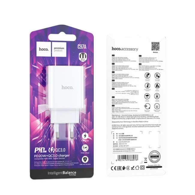 Сетевое зарядное устройство HOCO C97A  USB,Type-C, 20 вт + 18 Вт, PD + QC