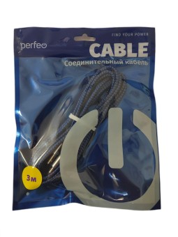 Кабель PERFEO USB2.0 A вилка - USB Type-C вилка, черно-синий, длина 3 м. (U4904)